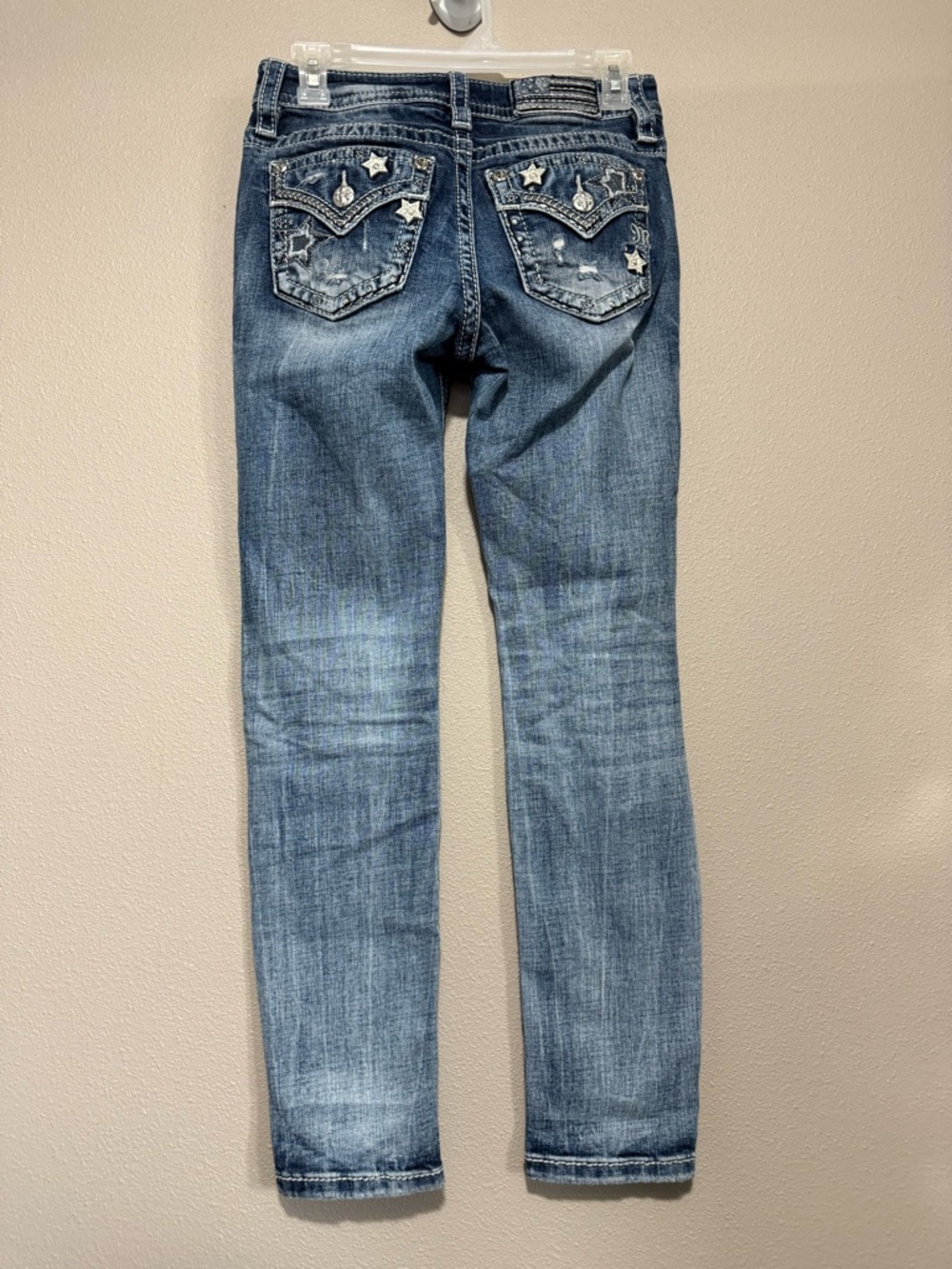 MISS ME Women’s Distressed Blue Denim Jeans with Embellished Back Pockets